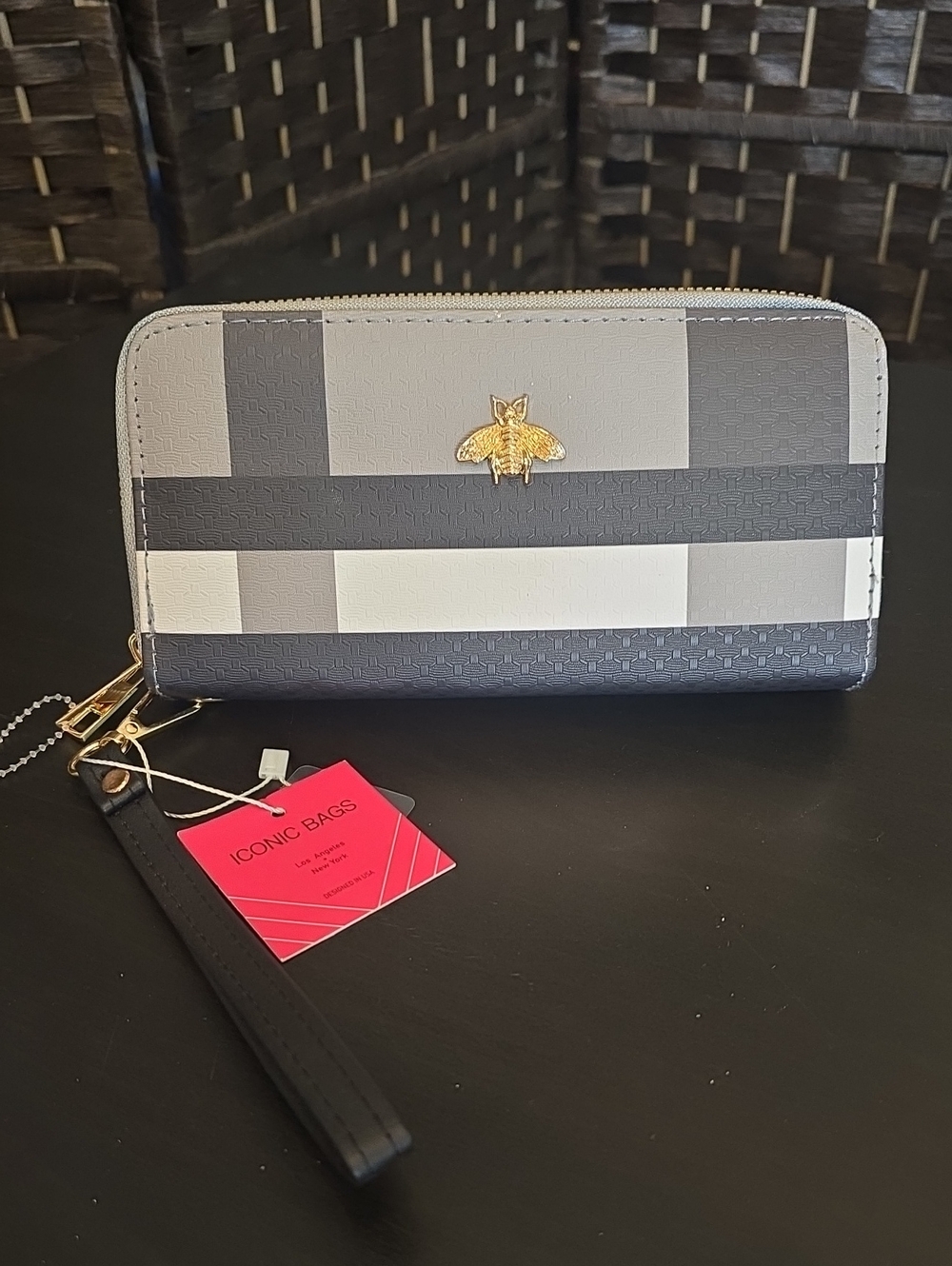 Iconic Bags Plaid Zip Wallet with Gold Bee Accent, NWT